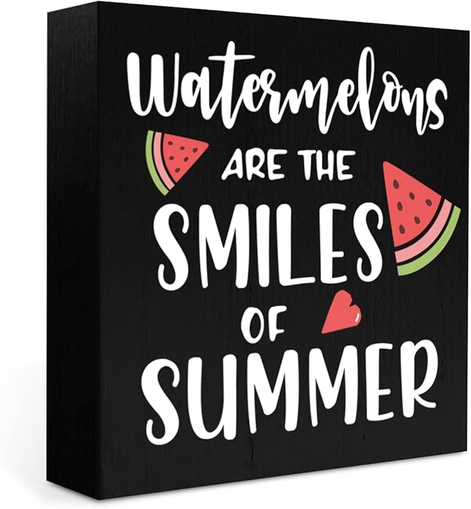 IYEZH Summer Decor Watermelon Wood Box Sign 5 x 5 Inches Desk Decor Rustic Country Wooden Square Sign Decor Watermelon Summer Decorations for Home Beach House Outdoor Shelf Wall Farmhouse Table Shelf