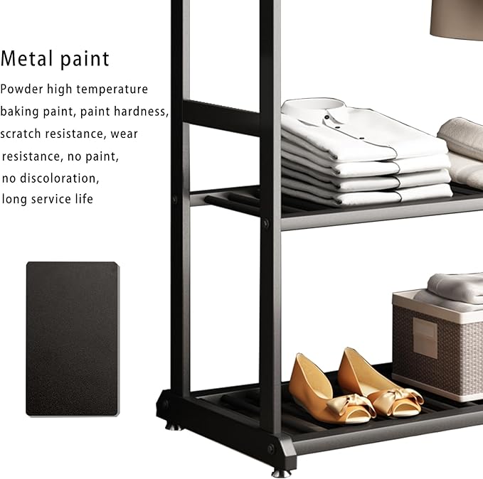 Freestanding Clothing Rack,Metal Garment Rack with Bottom Shelves and 6 Side Hooks,Black sturdy clothes racks for hanging clothes,Modern Wardrobe Organizer for Bedroom or Closet (L:31.5IN)