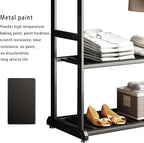 Freestanding Clothing Rack,Metal Garment Rack with Bottom Shelves and 6 Side Hooks,Black sturdy clothes racks for hanging clothes,Modern Wardrobe Organizer for Bedroom or Closet (L:31.5IN)