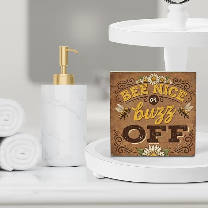 Bee Decor Summer Wall Decor Bee Nice Or Buzz Off Summer Decorations Wooden Box Sign for Home Office Farmhouse Table Shelf