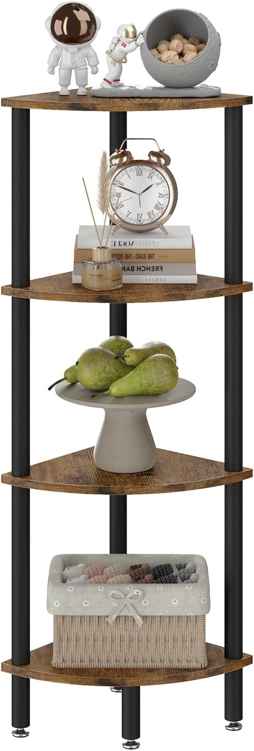 IBUYKE 4 Tier Corner Shelf Stand,Industrial Corner Display Rack,Corner Bookshelf for Living Room, Bedroom, Kitchen, Home Office, Brown WBC014H