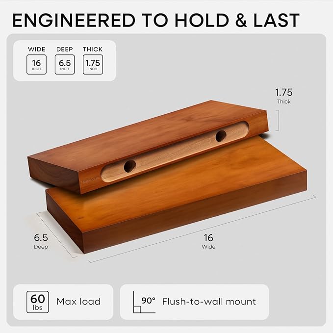 Homeforia 16 inch Oak Floating Shelf, High End Solid Real Wood 16inch Small Floating Shelves for Wall Mounted, Honey Oak Wooden 16in Floating Shelves, Heavy Duty Bracket, 16 X 6.5 X 1.75 in, Set of 3