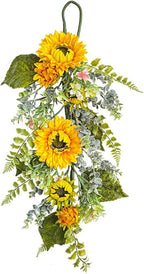 Sunflower Teardrop Swag for Front Door 27.5 Inch Decorative Spring Summer Floral Door Wreath with Yellow Sunflower Spring Summer Greenery Swags Wreath for Wedding Arch Home Party Wall Decor(Yellow)