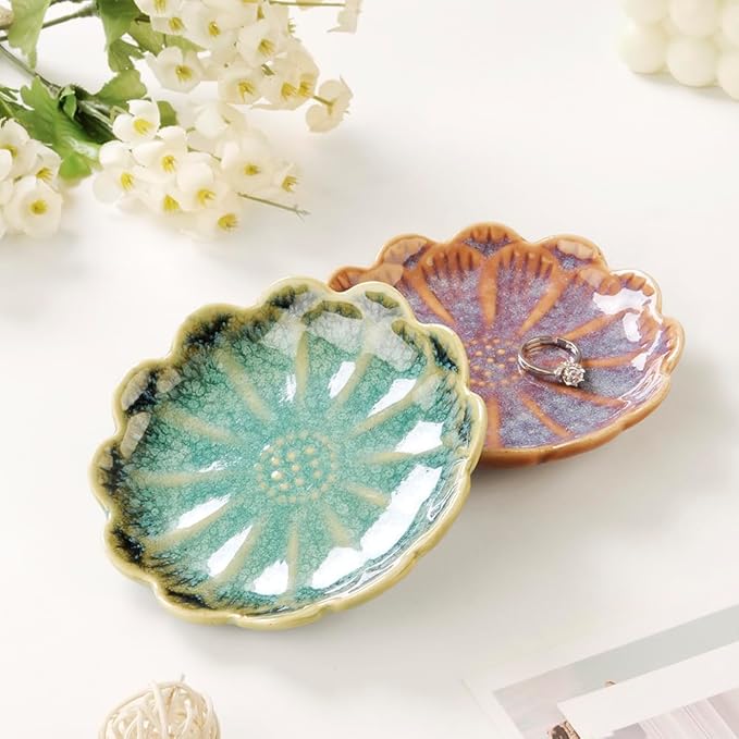 Lotus Ring Holder Dish Small Indoor Ash Tray, Ceramic Dessert Plate Trinket Jewelry Holder Organizing Necklace Earrings for Parents Friends Sister, Deep Green. All Jewelries Are NOT Included.