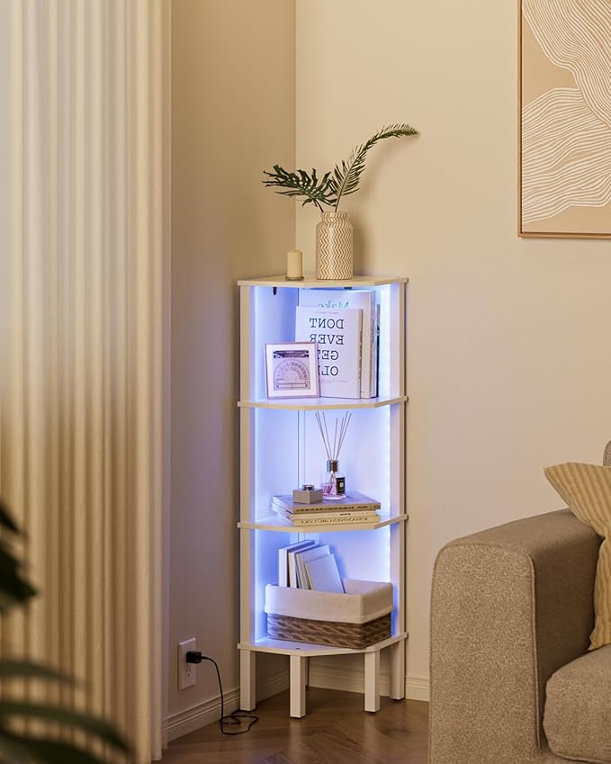 Corner Shelf Stand Corner Bookshelf with Light, 4-Tier Wall DisplayCorner with Storage Rack for Living Room,Bedroom,Office, White
