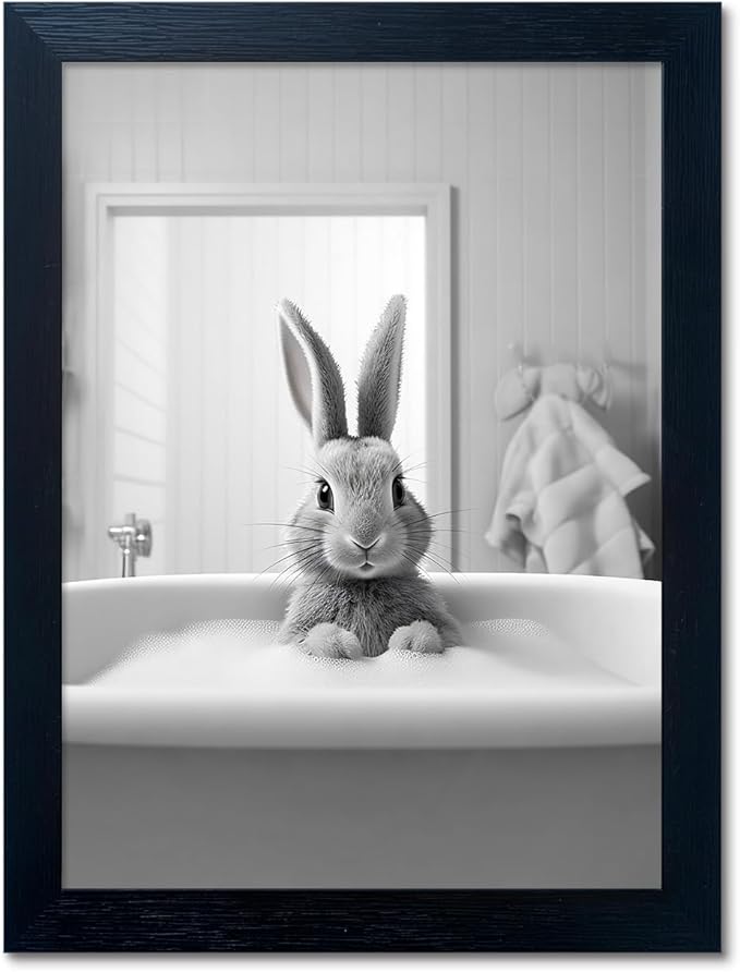 Kids Bathroom Wall Art Black and White Cute Animal Canvas Print Painting Funny Rabbit in Bathtub Bathroom Picture Wall Decor