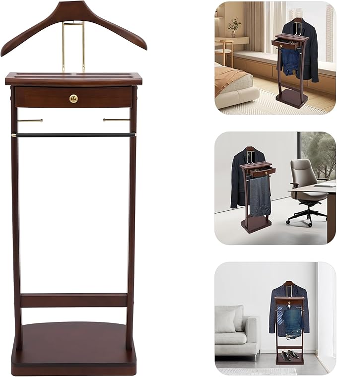 Suit Valet Stand for Man & Women, Wood Suit Rack with Drawer, Clothes Valet Stand for Entryway Office Living Room, Walnut Color