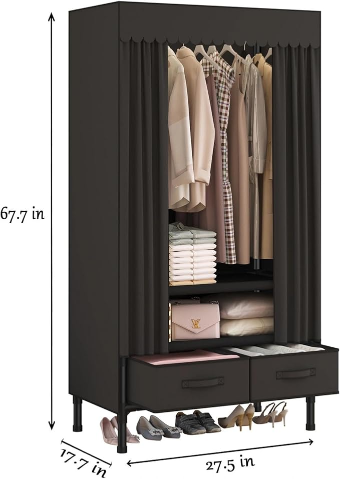 Portable Closet,Garment Rack,Heavy Duty Clothes Rack with Cover,Wardrobe Closet with 1 Hanging Rods, 2 Storage Shelves and 2 Drawers,27.5" L x 17.7" W x 67.7" H,Black
