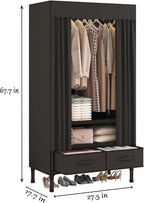 Portable Closet,Garment Rack,Heavy Duty Clothes Rack with Cover,Wardrobe Closet with 1 Hanging Rods, 2 Storage Shelves and 2 Drawers,27.5" L x 17.7" W x 67.7" H,Black