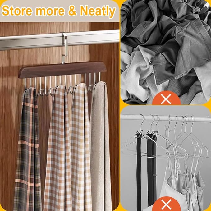 Belt Hanger 3 Pack with 24 Hooks, Sturdy Wooden Non-Slip Belt Holder, Space Saving Closet Organizer, Rotating Display Rack for Bra, Hat, Tank Tops