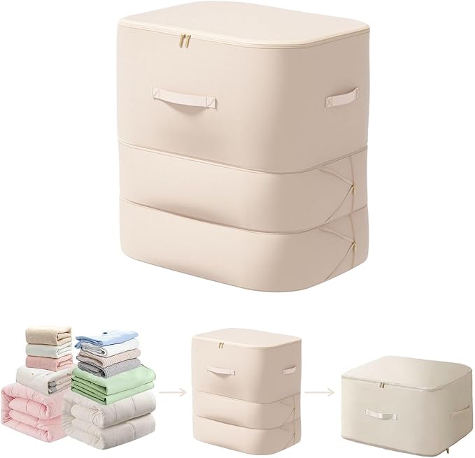 Ultra Space Saving Self Compression Organizer, 3-Layer Zipper Large Capacity Storage Bag, Thick Satin Fabric Heavy Duty Bags for Comforters Blankets Bedding Duvet (Beige, X-Large, 21x17x24in)