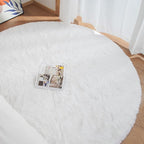 White Shag Round Rugs 8ft for Dining Room Table Faux Bunny Machine Washable Fur Area Rugs for Bedroom Living Room Nursery Circle Rug