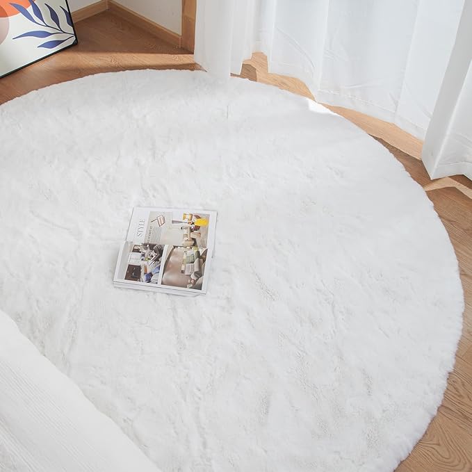 White Faux Fur Round Rug 4ft Fluffy Rabbit Fur Rug Machine Washable Circle Area Rugs for Living Room Bedroom Home Teen Room Nursery Décor
