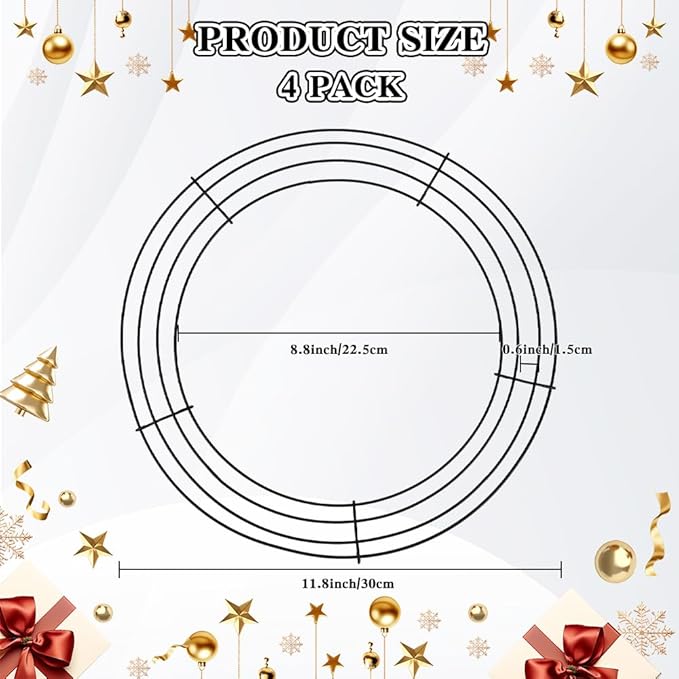 4 Pack Wreath Frame 12 Inch Wire Wreath Frame Round Metal Wreaths Form Dark Green Wire Wreaths Ring for Floral Arrangements DIY Craft Home Decorations Wedding Thanksgiving Christmas Party Supplies