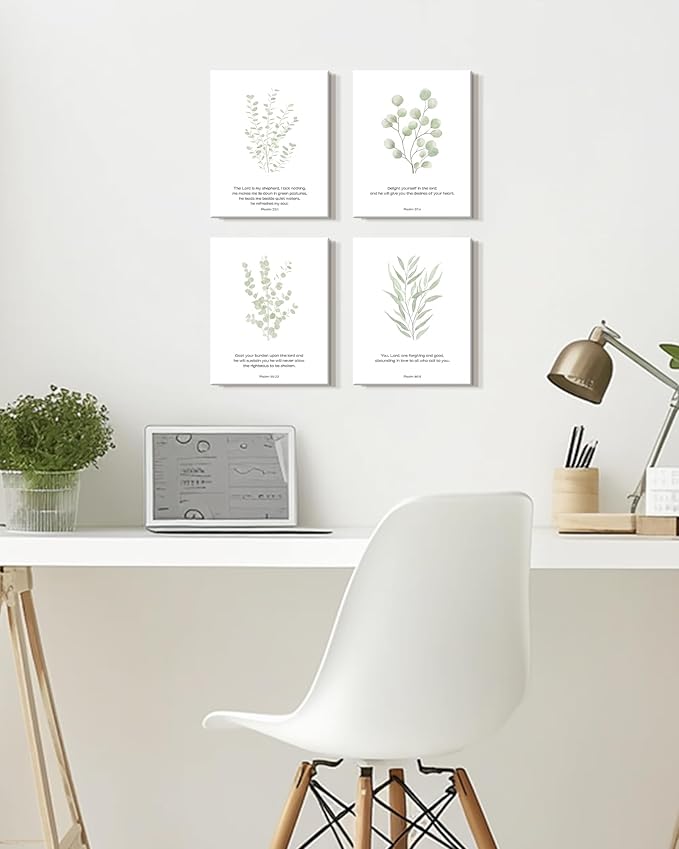 Drsoum Bible Verses Inspirational Scripture Framed Wall Art Botanical Plant Motivational Christian Decor for Bathroom Sage Green Eucalyptus Leaf Prints Ready to Hang 8x10inx4pcs (Framed)