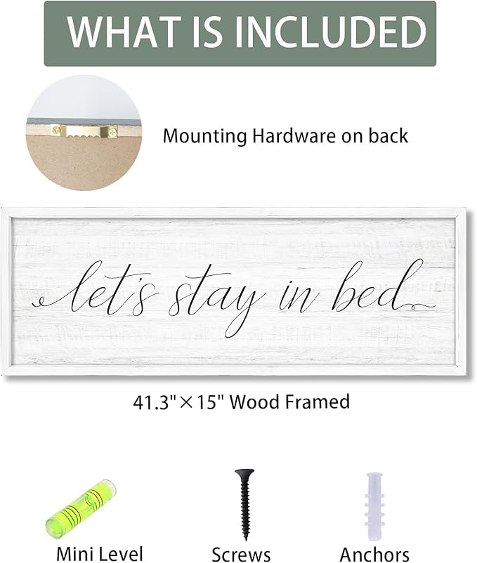 Lets Stay in Bed Wall Decor Above Bed 41.3''×15'' Large Farmhouse Wall Decor for Bedroom Guest Room Decor Framed Wood Wall Art Rustic Master Bedroom Wall Decoration (white frame)