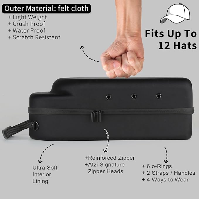 Hard baseball hat case, Hat Carrier Travel Case with Adjustable Shoulder Strap, Hat cap case for 12 Baseball Caps - Perfect for Traveling & At-Home Storage (Black)