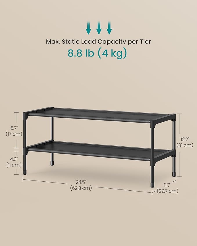 SONGMICS Shoe Rack, 2-Tier Shoe Storage Organizer, Space-Saving, 11.7 x 24.5 x 12.2 Inches, Entryway, Metal Frame, Non-Woven Fabric Shelves, Ink Black ULSH022BH01