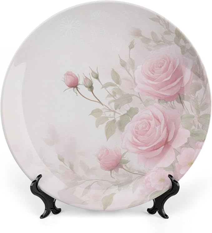 Rose Theme Decorative Ceramic Plate Round Porcelain Plate,8 inch,Floral Watercolor Pattern,for Decorative Ornaments Giving Plates,1 Plate with 1 Display Stand,Green Pink