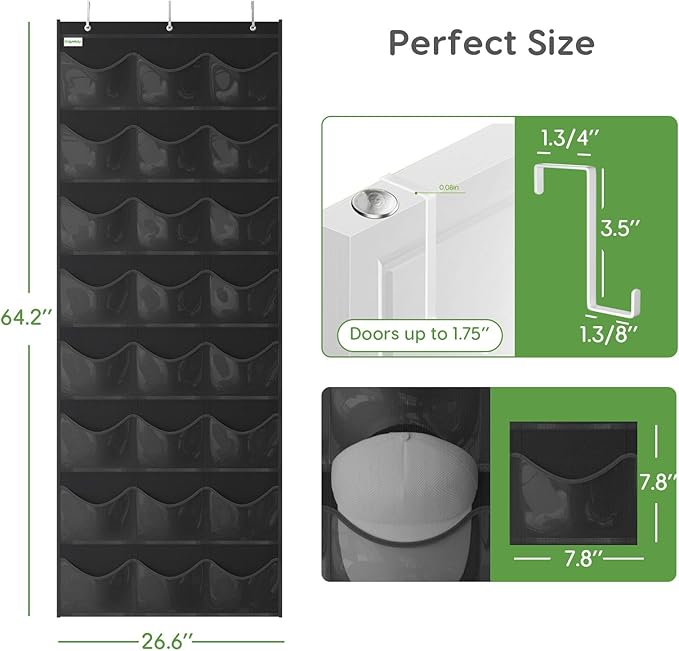 Unjumbly Baseball Hat Rack, 24 Pocket Over-The-Door Hat Organizer with Clear Deep Pockets to Display Baseball Caps Collection, Complete with 3 Over Door Hooks (Black, 24 Pockets)