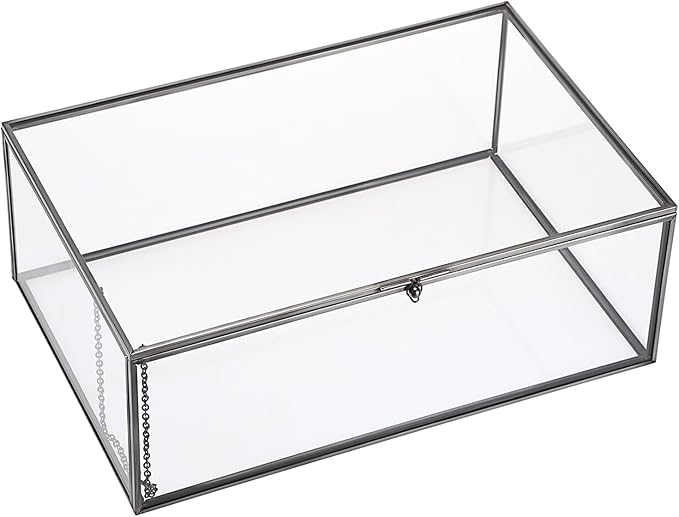 Hipiwe Vintage Glass Box with Lid - Rectangle Jewelry Display Organizer Box Black Vanity Lidded Box Home Decor Accent Decorative Box for Keepsakes Trinket Rings,X-Large