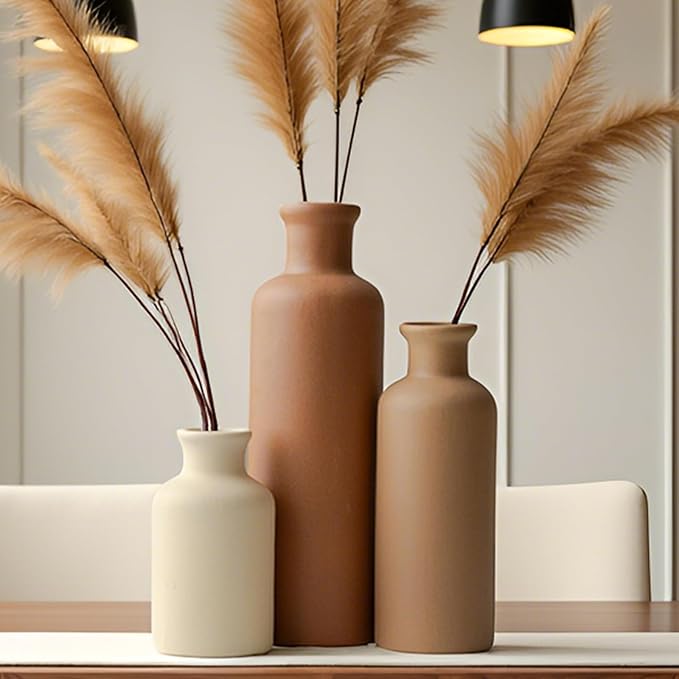 Modern Ceramic Vase Set of 3, Neutral Colors, Decorative Bottles for Home, Earth Tone Farmhouse Rustic Decor, Housewarming Gifts, Wedding Gifts, Birthday Gifts for Women(Coffee Mix)