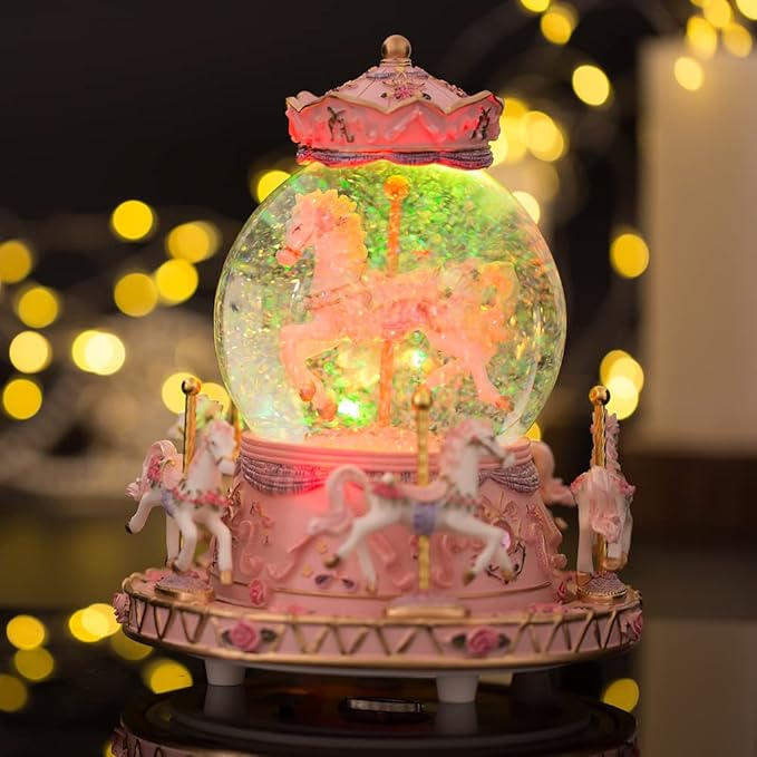 LOVE FOR YOU Gift-Wrapped with Ribbon Musical Snow Globe Carousel Music Box Color Lights Horses Unicorn Decor Gifts for Girls and Daughter Granddaughter Niece Women Kids Christmas Birthday