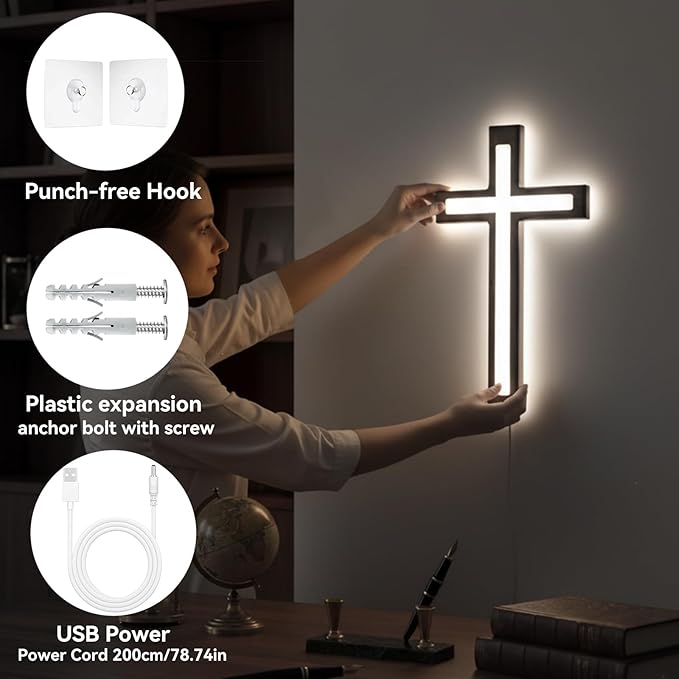 MoSavris Crucifix Wall Cross, Handmade Wood Cross with LED Light, Wall Decor for Faith and Blessing, Christian Gifts, 13 Inch