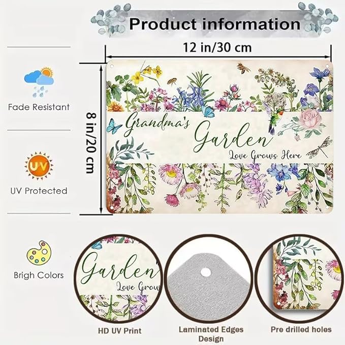 Bestylez Gardening Gifts Vintage Gardening Signs Grandma‘s Garden Love Grows Here Tin Sign for Home Garden Greenhouse Living Room Bedroom Yard Cottage Outdoor Decor 8X12 Inch (3356)