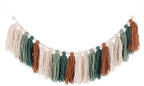 MECCANIXITY Bohemian Yarn Tassel Garland with Wood Beads,3.9Ft Green Brown Cream Beige Forest Wall Hanging Tassels Banner Western Room Decor for Bedroom Office Nursery Party Decorations