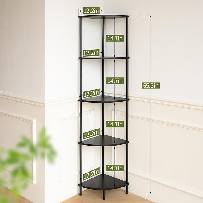 Yoobure Corner Shelf Stand, 5-Tier Bookshelf, 65" Tall Shelves for Bedroom, Living Room, Narrow Display Bookcase, Black with Display Shelves for Office