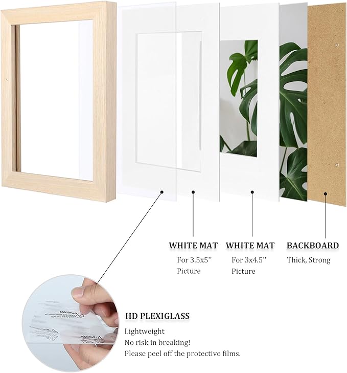 Egofine 4x6 Picture Frames Set of 4, Made of Solid Wood Covered by Plexiglass 3x4.5 and 3.5x5 with Mat or 4x6 without Mat, for Table Top Display and Wall Mounting Photo Frame, Oak Wood