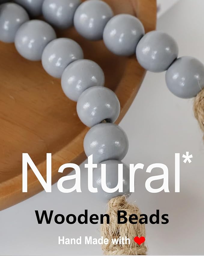 Boho Decor Wood Beads Garland Farmhouse Wall Hanging Decorations Natural Wooden Bead Tassel Decorative for Coffee Table Christmas and Prayer (Gray, 58")