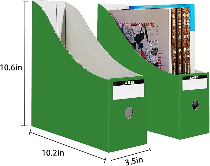 Limitliho 12 Pack Green Cardboard Magazine Holder , Sturdy Book Bins for Classroom, Vertical File Folder Organizer, 10.6'' 10.2'' 3.5'' Inch Magazine Rack