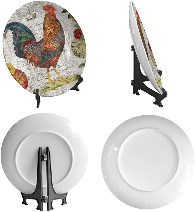 Rooster Decorative Plates, 10 Inch, Crown Chicken In Flowers Round Display Plate, Hanging Decorative Plate with Display Stand, for Home Kitchen Bedroom Decorative Ornaments