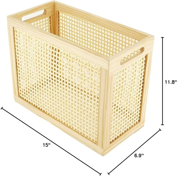 Wood Magazine Holder with Jute Rope Handles,Handcrafted Bamboo Toilet Roll Holder,Wicker Magazine Storage Organizer for Bathroom,Office and Desk -Rectangle- Natural- 15" D x 6.9" W x 11.8" H. (0.58)