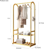 Gold Clothing Rack,Metal Garment Rack with Bottom Storage Shelves and 6 Side Hooks,modern Sturdy clothes racks for hanging clothes,Freestanding Wardrobe Rack for Bedroom or Boutique (L:39.4IN)