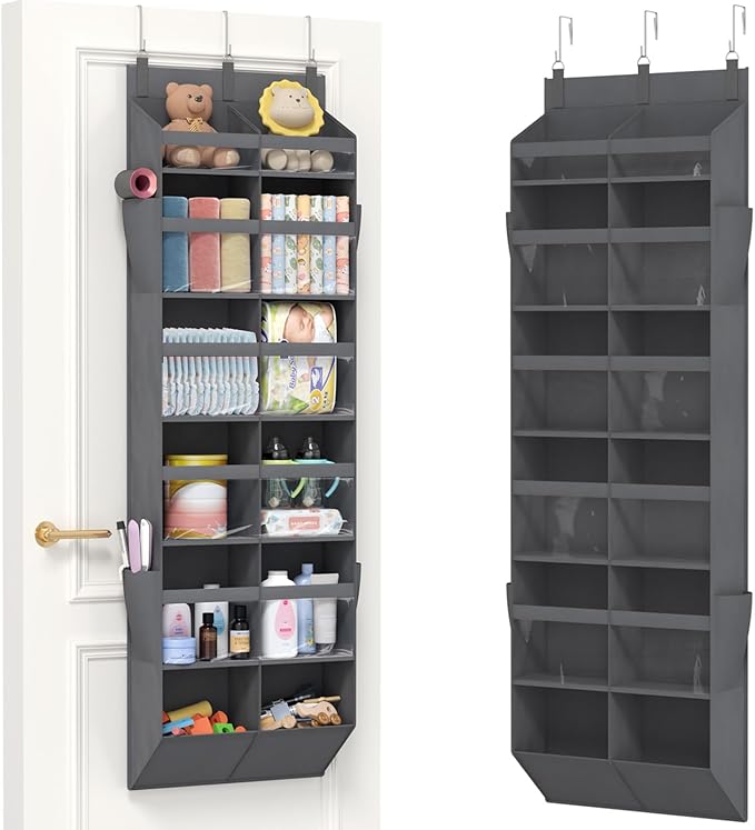 Lifewit 1 Pack Over the Door Organizer, Clear Window Hanging Storage with 4 Side Pockets, Anti Tilt 40 lbs Load Behind Door for Pantry, Nursery, Bathroom, Bedroom, Dorm, 12 Section, Gray