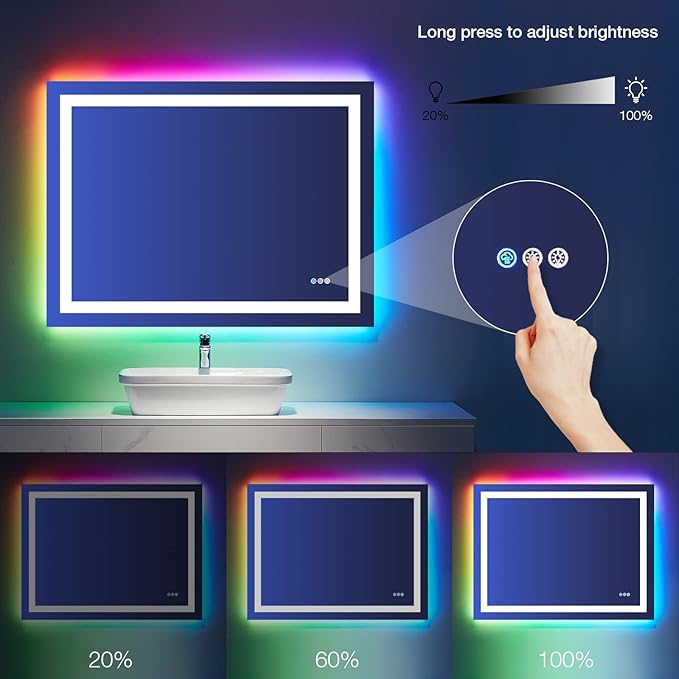 LOAAO 50"X30" LED Bathroom Mirror with Lights, Anti-Fog, Dimmable, RGB Backlit + Front Lighted, Bathroom Vanity Mirror for Wall, Memory Function