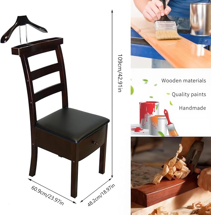 Wood Chair Valet Stand, With Hanger Trouser Bar, Top Storage Tray Wardrobe, With Large Drawer Clothing Rack, Men Women Floor Standing Suit Valet for Living Room, Entryway, Bedroom, Office