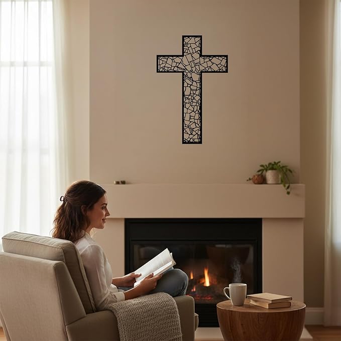 Black Metal Cross Wall Decor Iron Christian Cross for Home Church, Hollow Out Artistic Hanging Ornament, Crosses Wall Decor for Living Room, Bedroom, Decorative Thankful Religious Gift, 18.5x12.3 Inch