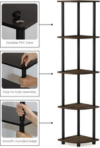 Furinno TURN-N-TUBE Corner Shelf, 5-Tier Corner Bookshelf, Open Storage Shelves, for Organization and Storage, Living Room, Home Office, Garage, Bedroom, Columbia Walnut