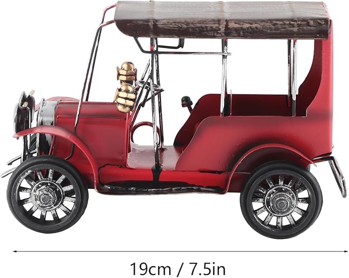 WW Vintage Classic Car Model, Miniature Old Vintage Car Ornament, Red Tin Desktop Decor with Authentic Retro Design for Home Office Bar Wedding Party Gift