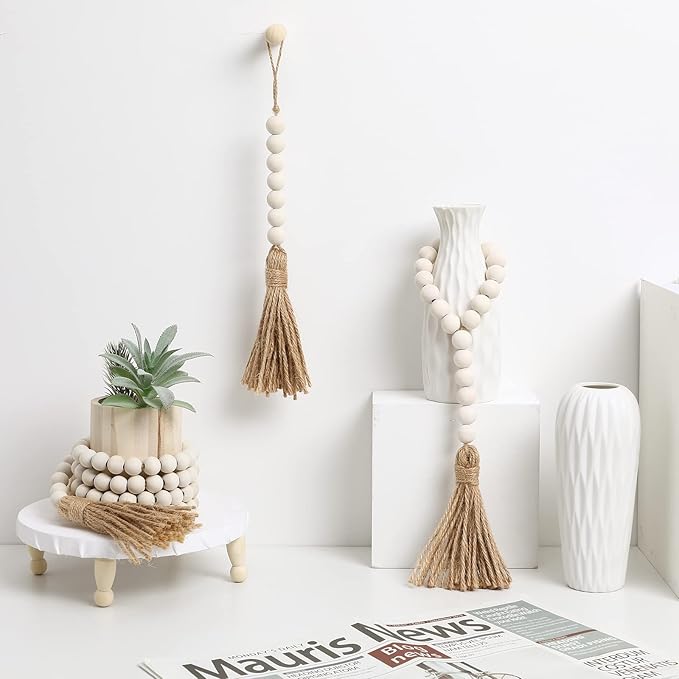 IMIKEYA Wooden Beads Garland: 3PCS Farmhouse Wood Bead Garland for Tiered Tray Farmhouse s Hanging Wood with Tassels Prayer Rustic s for Coffee Table Decor