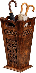 Antique Wooden Umbrella Stand & Walking Cane Holder for Home, Office & Entryway | Hand-Carved Solid Wood Umbrella & Cane Storage Rack | Size 21.5 x 8 x 8 in, Base 7.5 x 7.5 inches