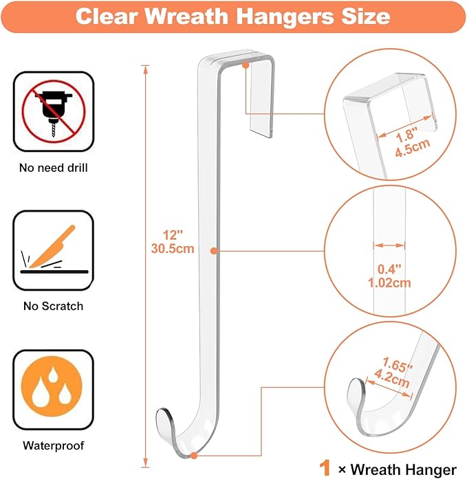 12" Clear Wreath-Hanger Non Scratch Hooks, 1 Pack Wreath-Hanger, Over The Door Hooks Deceneration, Slim Hangers Organizer