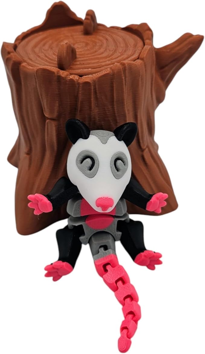 Articulating Animals Raccoon, Fox, Panda, Skunk, Possum with Containers - 3D Printed Articulated Joints ADHD, Autism, Relief Anxiety, Collectible Figurines (Possum Tree Stump)