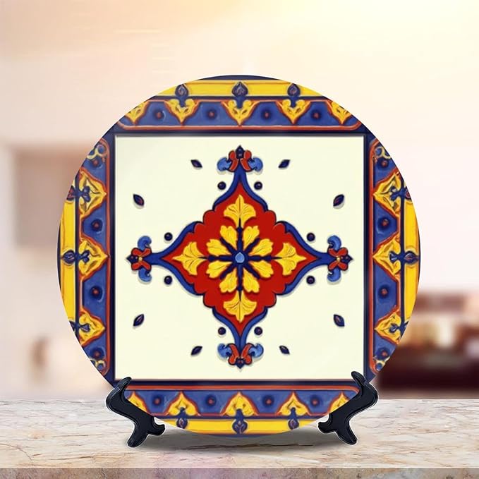 Decorative Plates for Display 10" Colorful Ornate Floral Tile Design Red Yellow Blue Accents Ceramic Ornament with Display Stand and Hook Up for Wall Decor Hanging Festival Wedding Gift