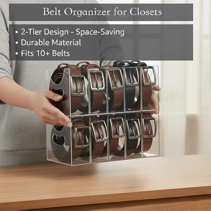 4-Pack Belt storage Organizer for Closet with Removable Dividers - 5 Compartments & Handles Drawer organization and storage for underwear, Socks, and Bow Ties Acrylic Belt Organizers (4)