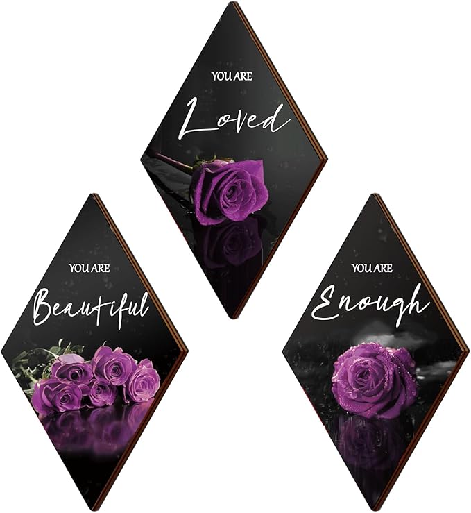 ONIZHITY 3-Piece Purple & Black Wall Decor - Rose Wooden Art with Positive Quotes for Bedroom, Bathroom & Wedding (12 x 7)
